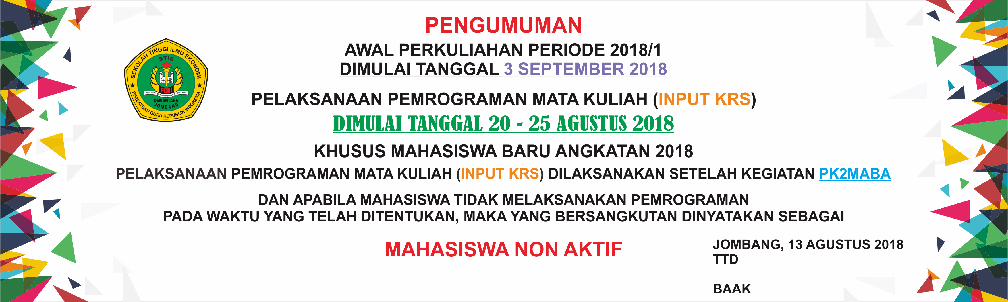 PENGUMUMAN PELAKSANAAN PEMROGRAMAN MATA KULIAH INPUT KRS TAHUN